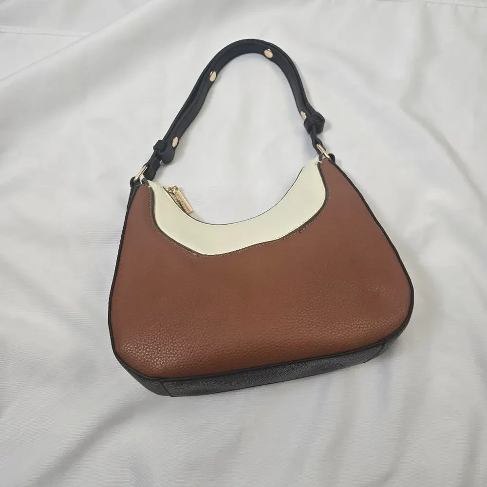 Anne Klein Two Tone Hobo Bag Brown Cream Black Faux Leather Chic Shoulder Purse